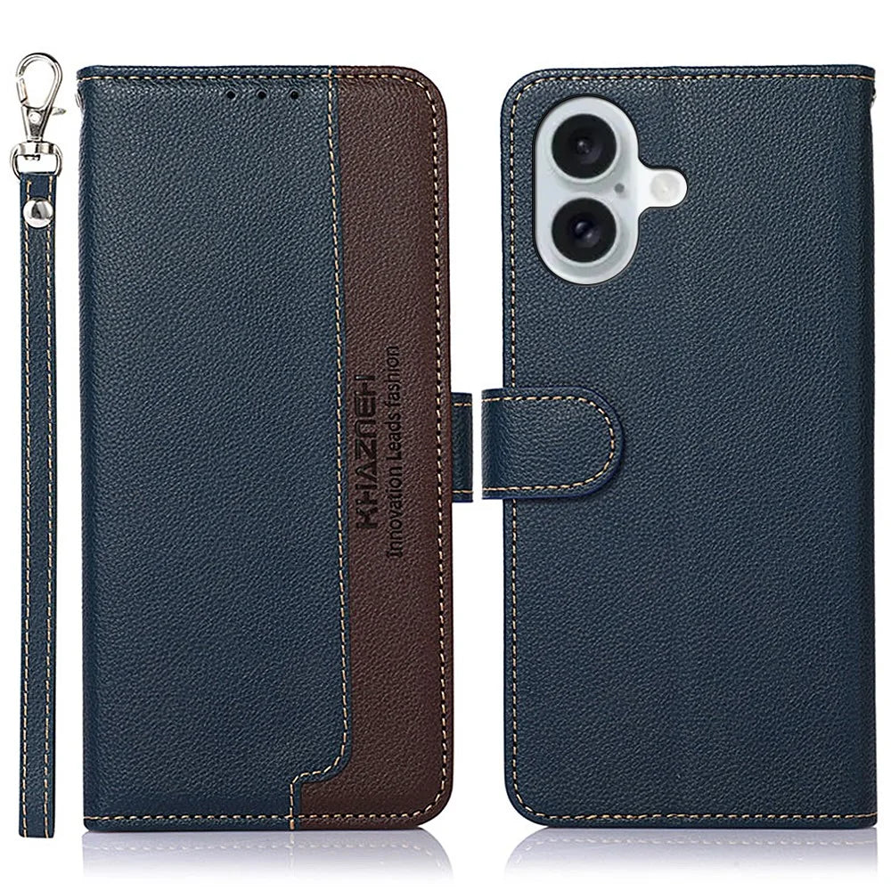 KHAZNEH For iPhone 16 Case RFID Blocking Wallet Leather Folio Flip Phone Cover - Blue - 1