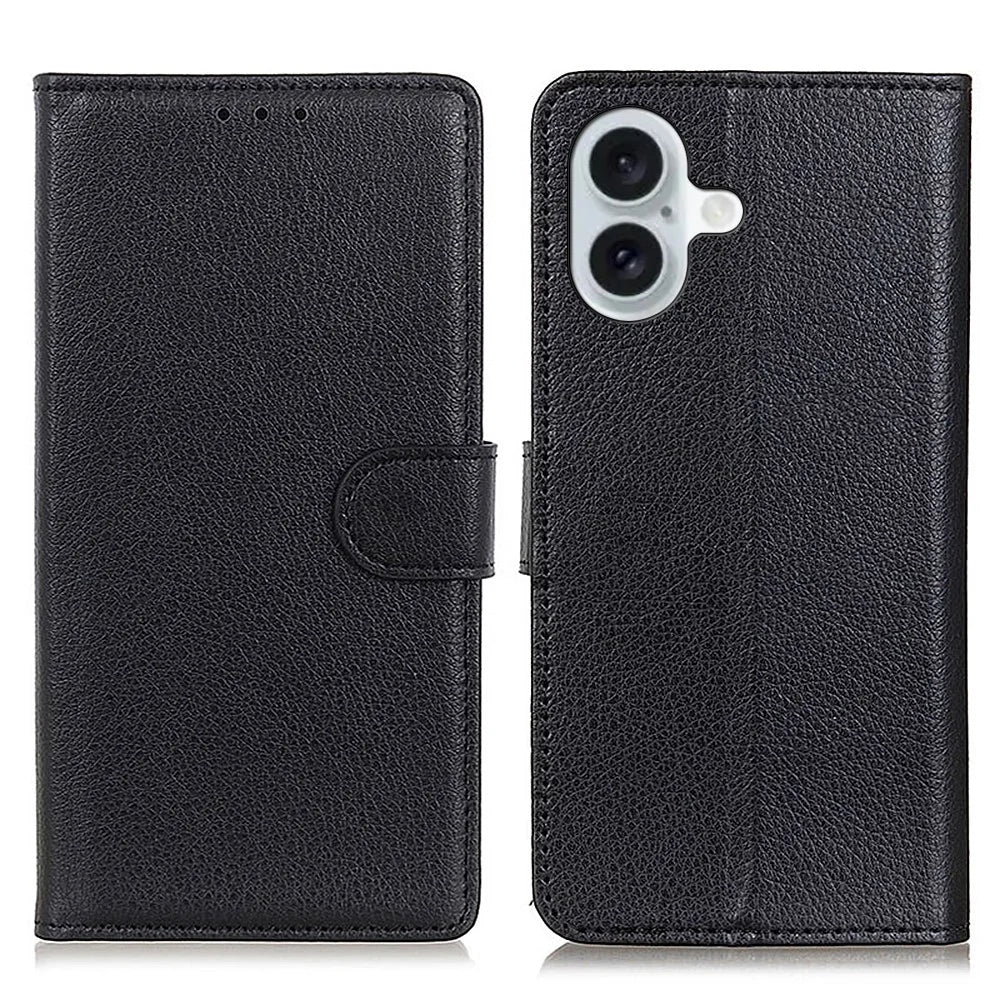 For iPhone 16 Plus Leather Case Wallet Card Slots Litchi Texture Flip Phone Cover - Black - 1