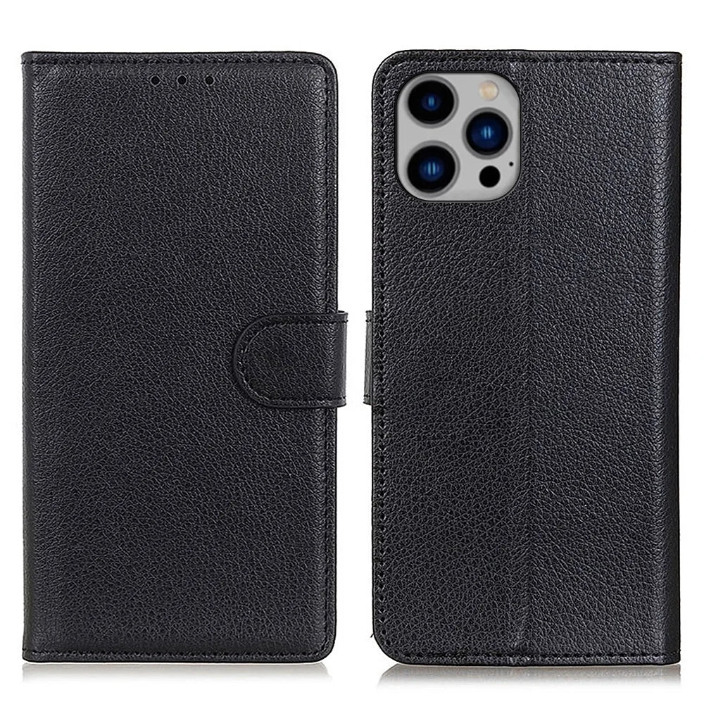 For iPhone 16 Pro Case PU Leather Litchi Texture Magnetic Flip Phone Cover - Black - 1