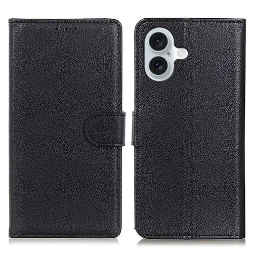 For iPhone 16 Case PU Leather Wallet Stand Litchi Texture Phone Cover - Black - 1