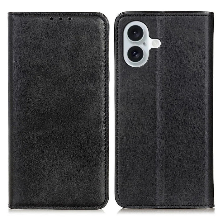 For iPhone 16 Case Magnetic Absorption Split Leather Folio Phone Cover - Black - 1