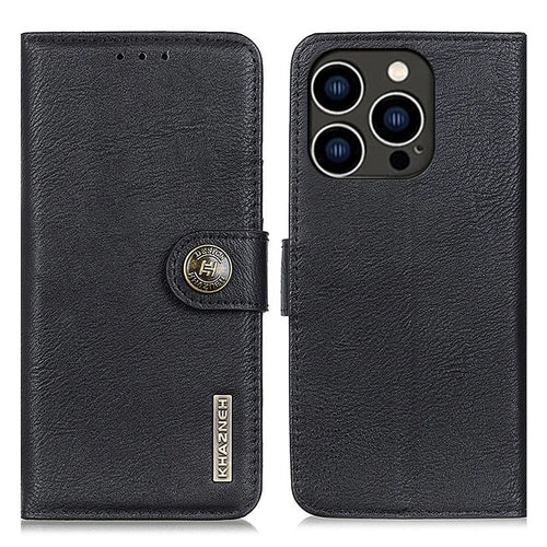 KHAZNEH For iPhone 16 Pro Max Case Cowhide Texture Leather Flip Phone Cover with Wallet - Black - 1