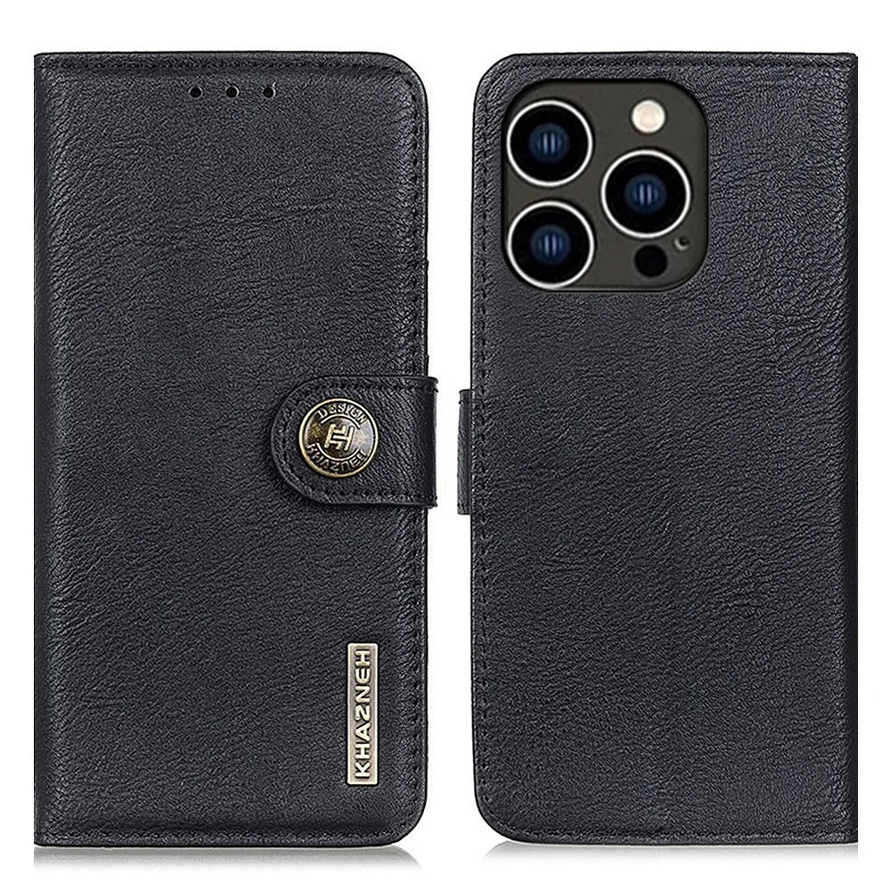 KHAZNEH For iPhone 16 Pro Max Case Cowhide Texture Leather Flip Phone Cover with Wallet - Black - 1