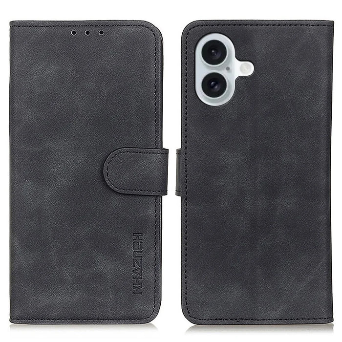 KHAZNEH For iPhone 16 Case Retro Leather Phone Cover with Wallet Stand - Black - 1