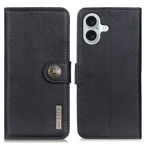 KHAZNEH For iPhone 16 Case Cowhide Texture Leather Phone Cover - Black - 1