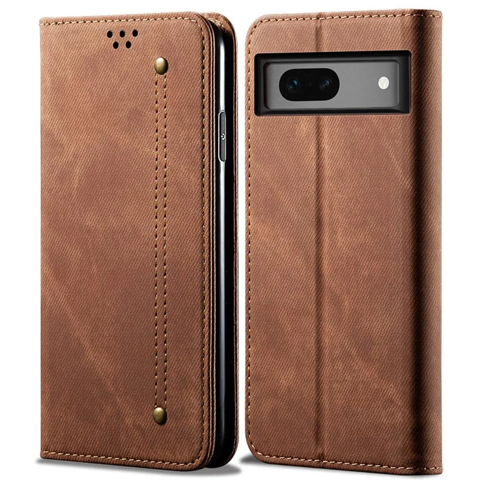 For Google Pixel 8a Case Jeans Cloth Texture Leather Phone Cover with Cash Card Holder - Coffee - 1