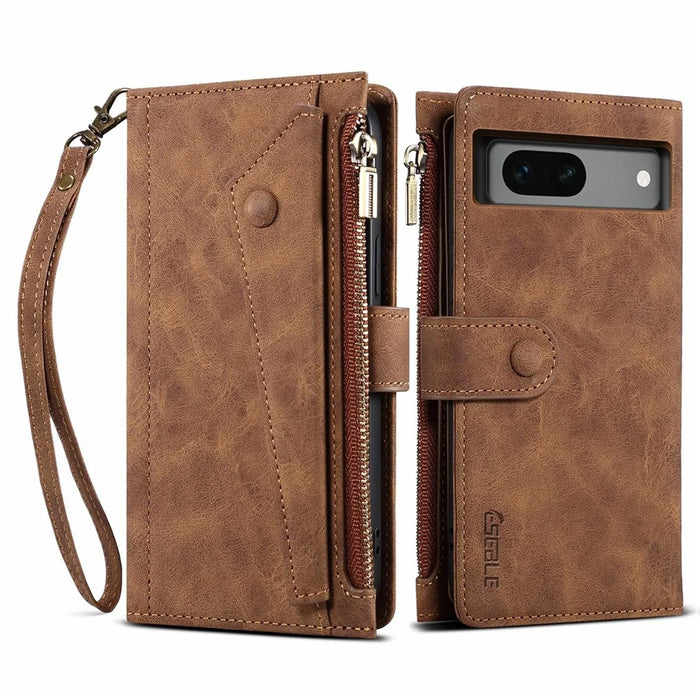 ESEBLE Star Series For Google Pixel 8a Case Zipper PU Leather Phone Cover with Card Slots Wrist Strap - Brown - 1
