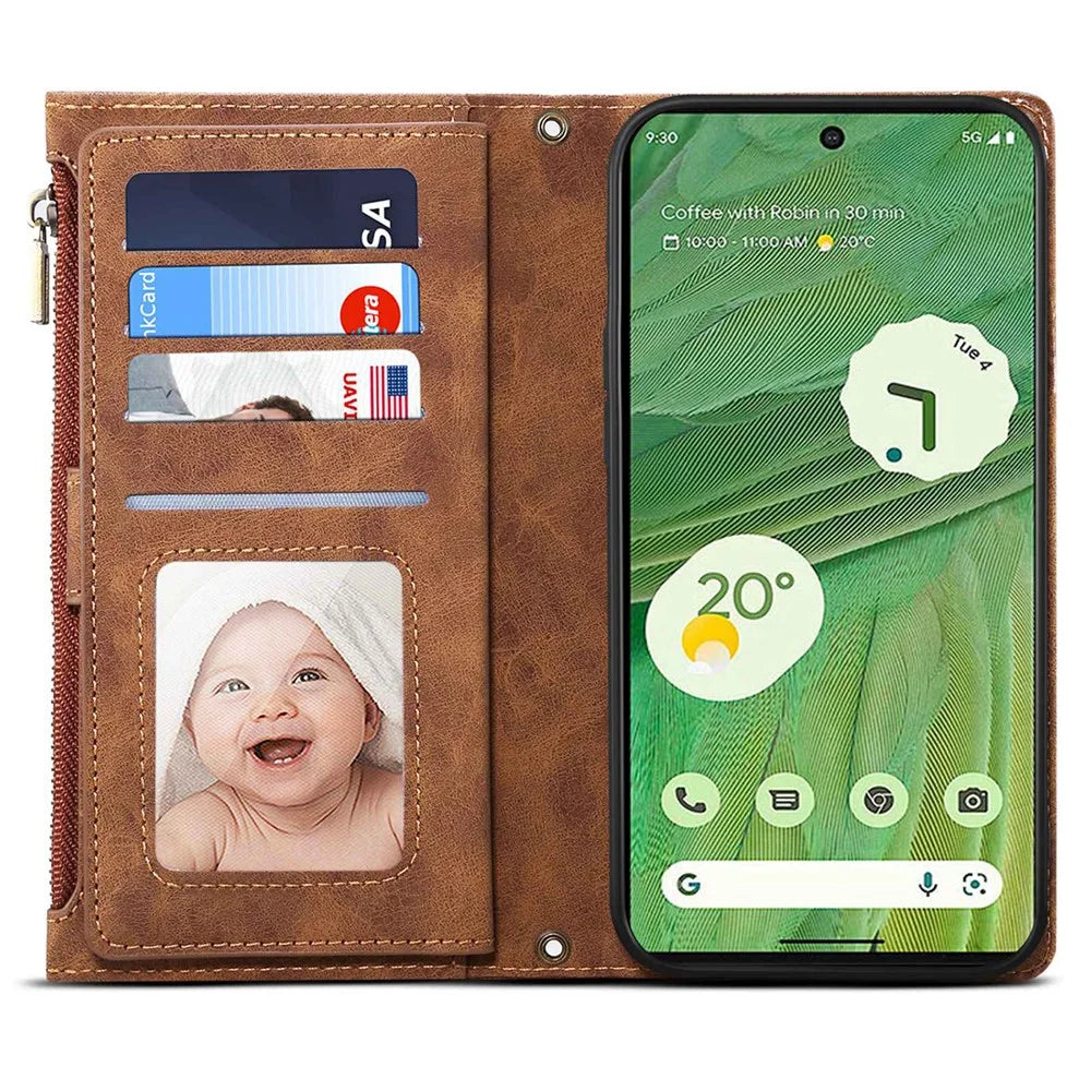 ESEBLE Star Series For Google Pixel 8a Case Zipper PU Leather Phone Cover with Card Slots Wrist Strap - Brown - 2