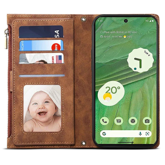ESEBLE Star Series For Google Pixel 8a Case Zipper PU Leather Phone Cover with Card Slots Wrist Strap - Brown - 2