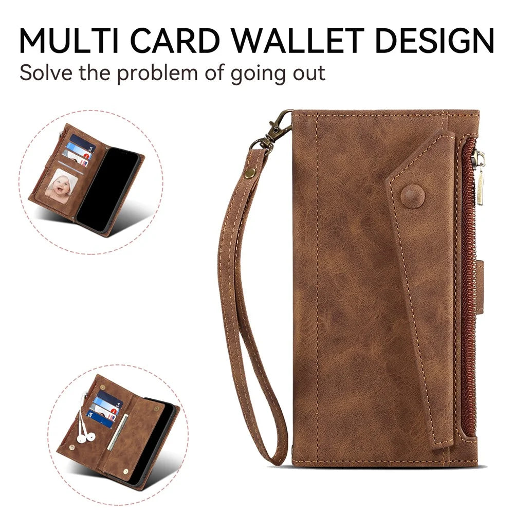 ESEBLE Star Series For Google Pixel 8a Case Zipper PU Leather Phone Cover with Card Slots Wrist Strap - Brown - 7