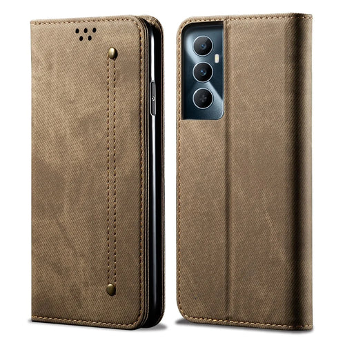 For Realme C65 4G Case Leather Jeans Cloth Texture Folio Flip Phone Cover - Khaki - 1