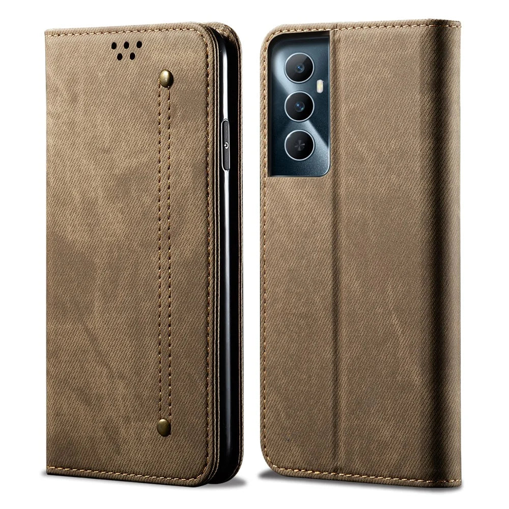 For Realme C65 4G Case Leather Jeans Cloth Texture Folio Flip Phone Cover - Khaki - 1