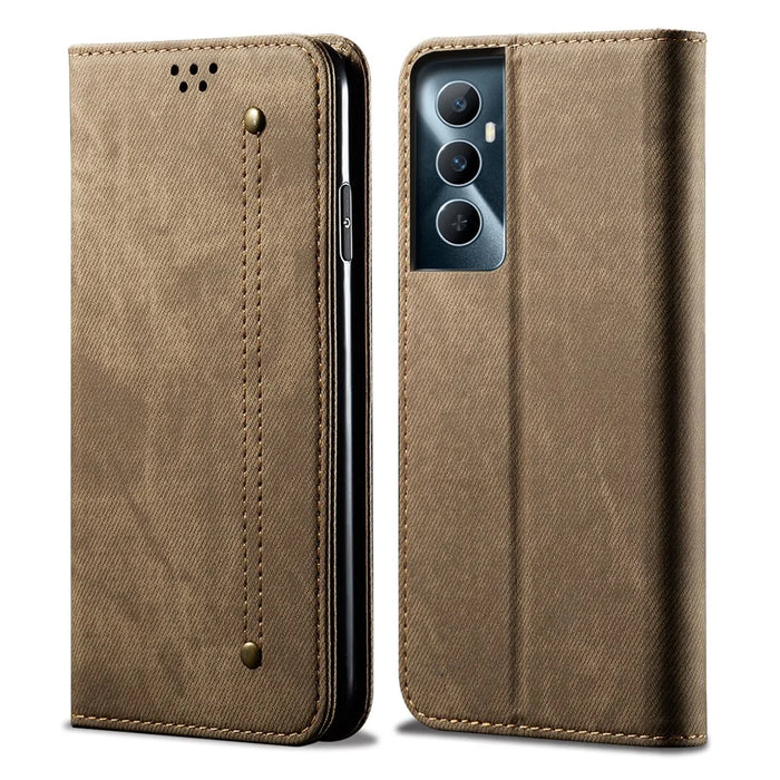 For Realme C65 4G Case Leather Jeans Cloth Texture Folio Flip Phone Cover - Khaki - 1
