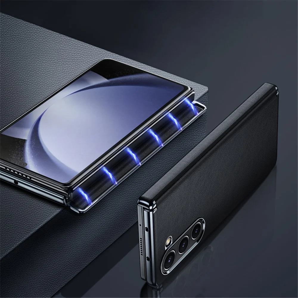 For Samsung Galaxy Z Fold6 5G Case Electroplating PU Leather+PC Phone Cover with Hinge Protection - Black - 4