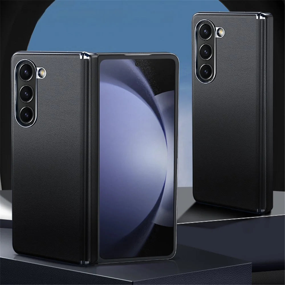 For Samsung Galaxy Z Fold6 5G Case Electroplating PU Leather+PC Phone Cover with Hinge Protection - Black - 5