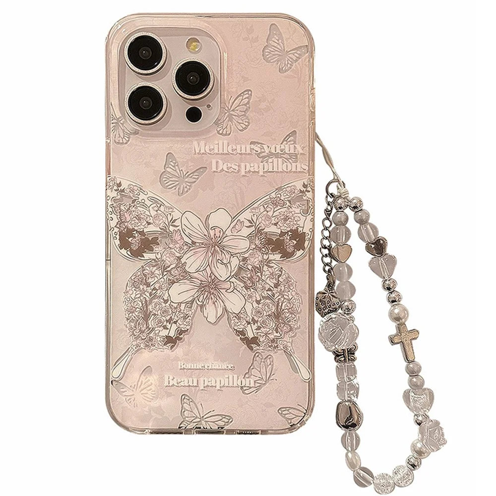 For iPhone 15 Pro Case Butterfly Pattern IMD TPU Phone Cover with Hand Chain - 1