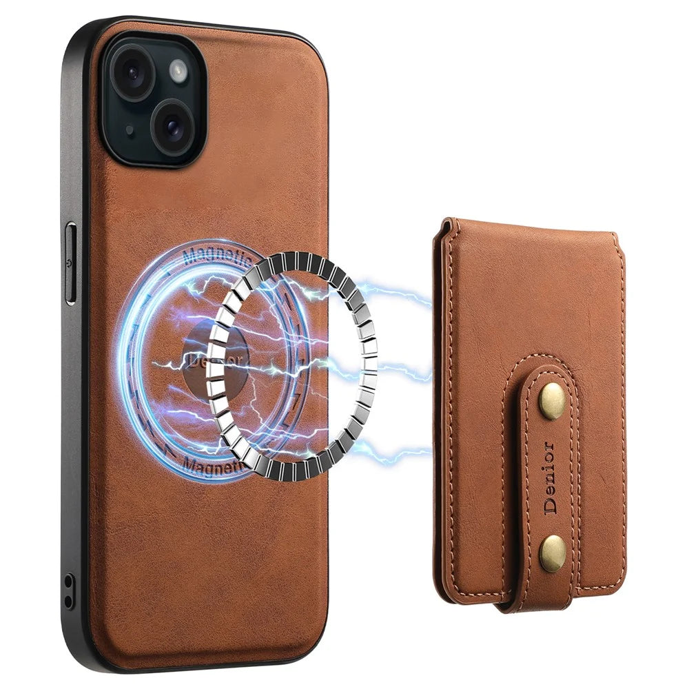 DENIOR D14 For iPhone 15 Plus Magnetic Case Detachable 2-in-1 Design Leather Retro Back Cover - Brown - 1