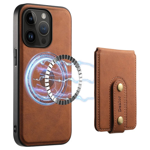 DENIOR D14 For iPhone 14 Pro Case Retro Leather Coated PC+TPU Kickstand Phone Cover Magnetic Detachable - Brown - 1