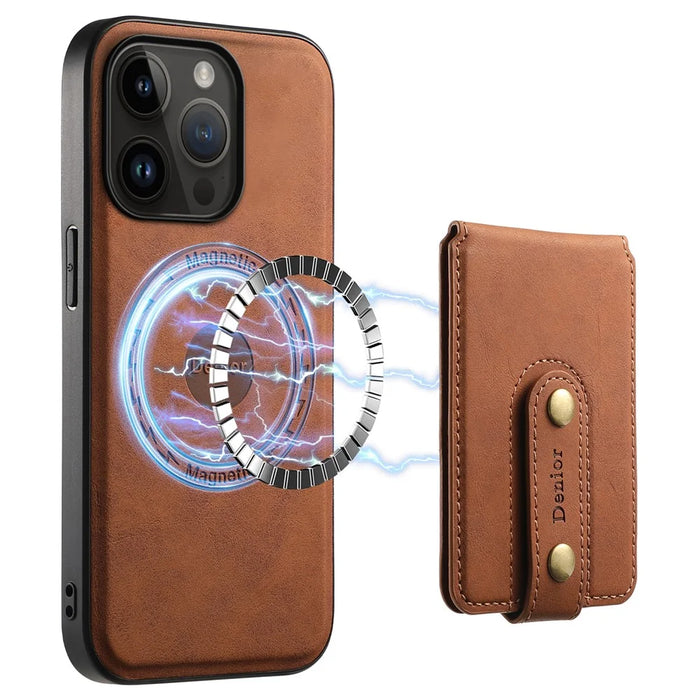 DENIOR D14 For iPhone 14 Pro Case Retro Leather Coated PC+TPU Kickstand Phone Cover Magnetic Detachable - Brown - 1