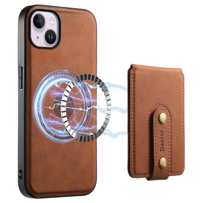 DENIOR D14 For iPhone 14 Plus Case Compatible with MagSafe Leather+TPU+PC Card Bag Phone Cover - Brown - 1