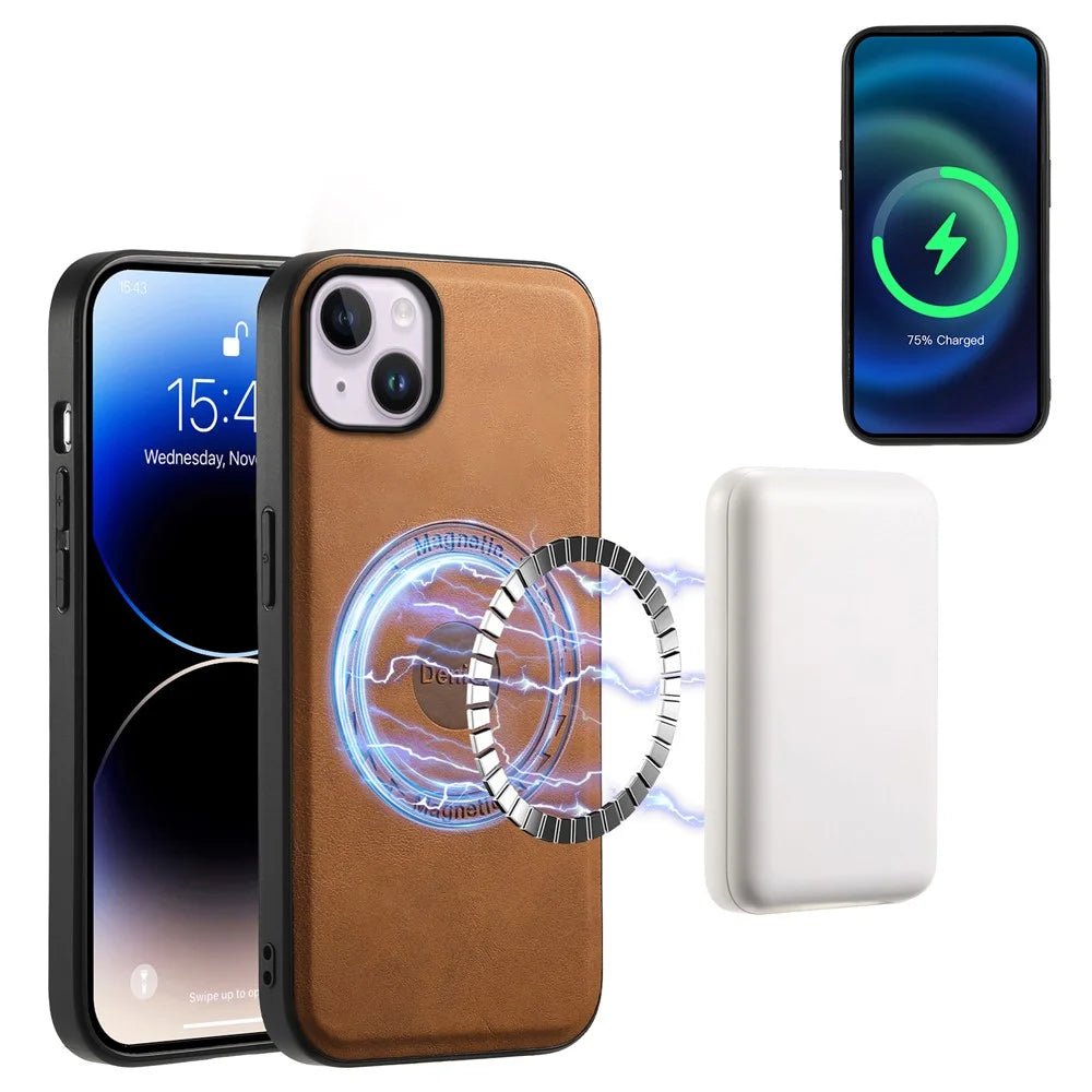 DENIOR D14 For iPhone 14 Plus Case Compatible with MagSafe Leather+TPU+PC Card Bag Phone Cover - Brown - 5