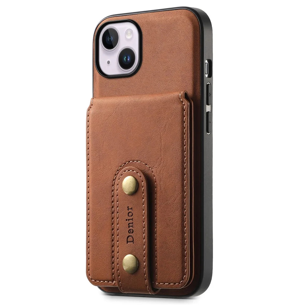 DENIOR D14 For iPhone 14 Plus Case Compatible with MagSafe Leather+TPU+PC Card Bag Phone Cover - Brown - 6