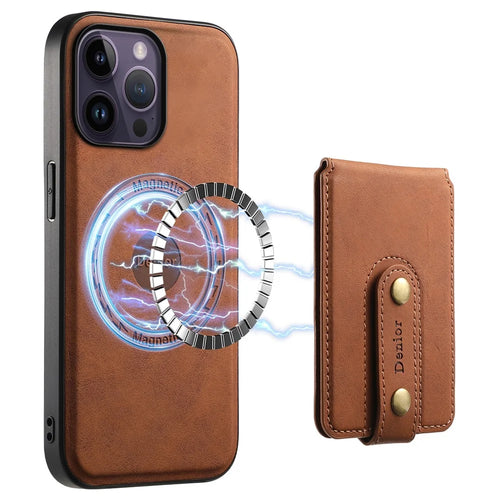 DENIOR D14 For iPhone 14 Pro Max Magnetic Case Card Bag Detachable Leather Phone Back Cover - Brown - 1