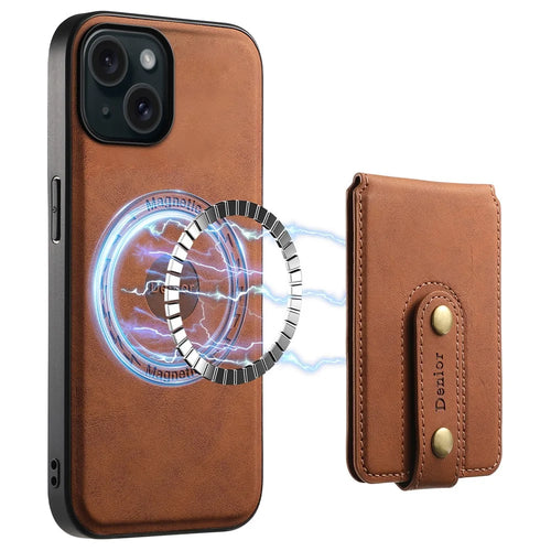 DENIOR D14 For iPhone 15 Magnetic Case Retro Leather+TPU+PC Cover with Detachable Card Holder - Brown - 1