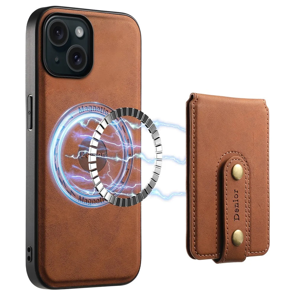 DENIOR D14 For iPhone 15 Magnetic Case Retro Leather+TPU+PC Cover with Detachable Card Holder - Brown - 1