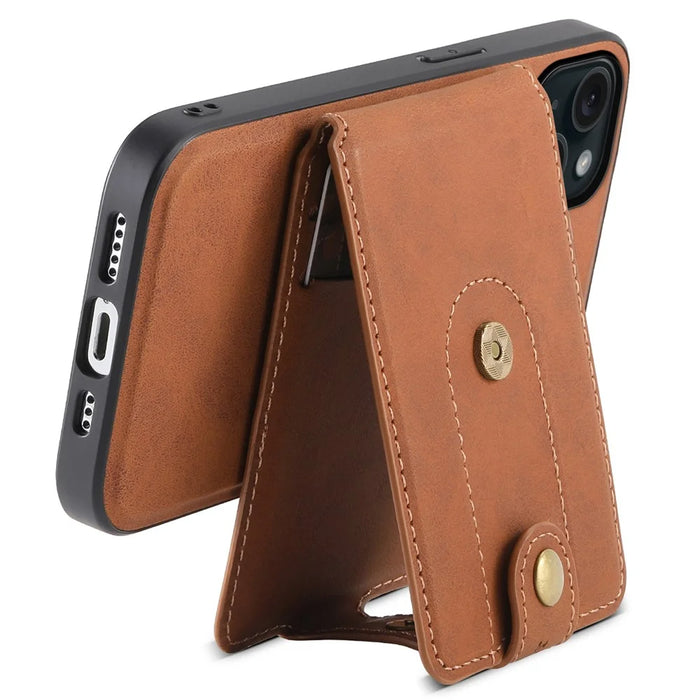 DENIOR D14 For iPhone 15 Magnetic Case Retro Leather+TPU+PC Cover with Detachable Card Holder - Brown - 3