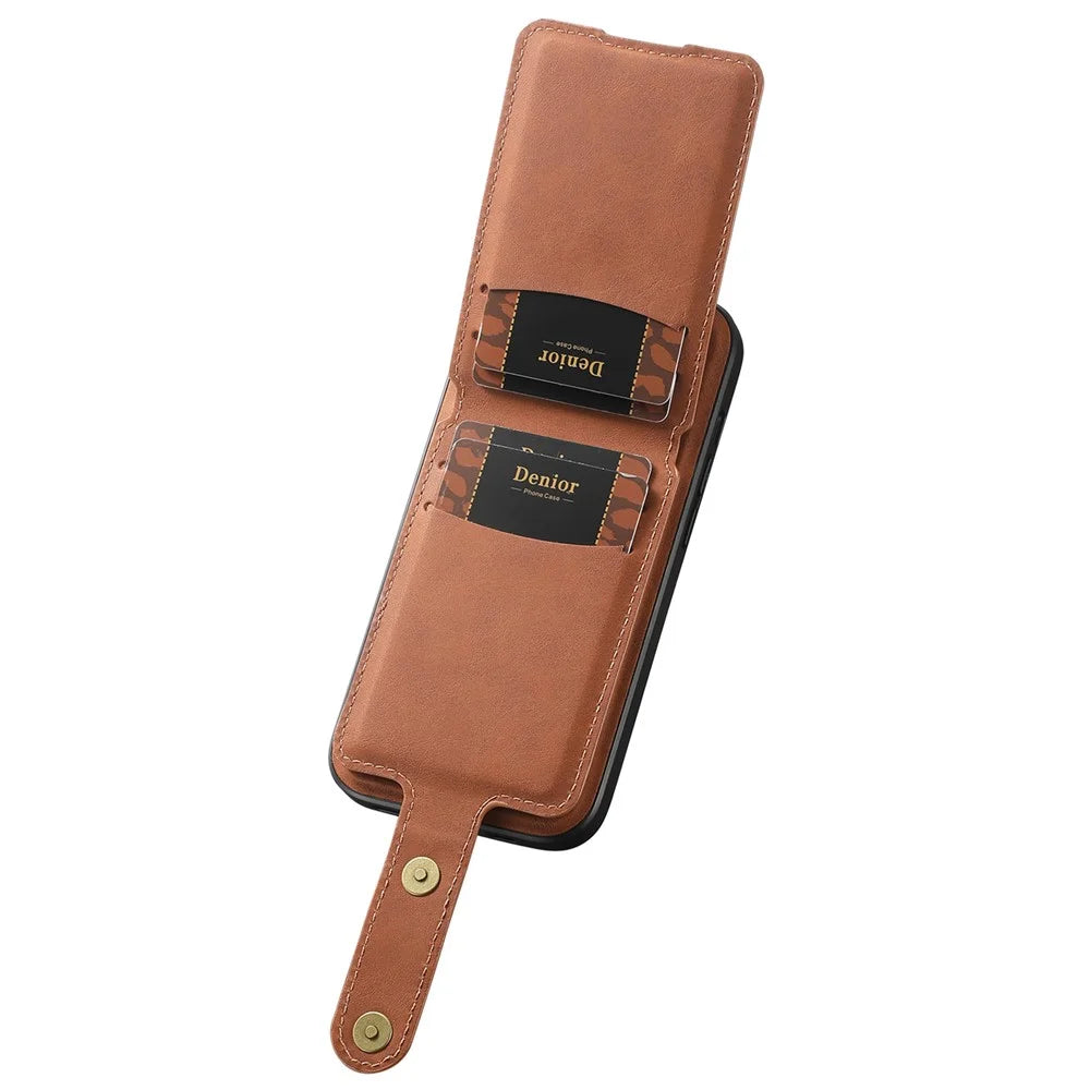 DENIOR D14 For iPhone 15 Magnetic Case Retro Leather+TPU+PC Cover with Detachable Card Holder - Brown - 4