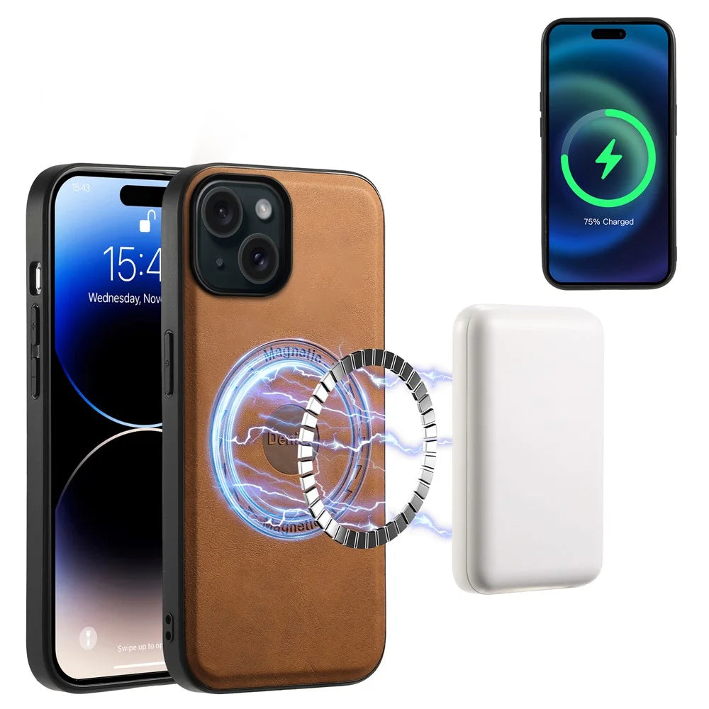 DENIOR D14 For iPhone 15 Magnetic Case Retro Leather+TPU+PC Cover with Detachable Card Holder - Brown - 5