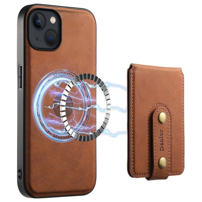 DENIOR D14 For iPhone 13 / 14 Case Retro PU+PC+TPU Kickstand Phone Cover with Magnetic Card Holder - Brown - 1