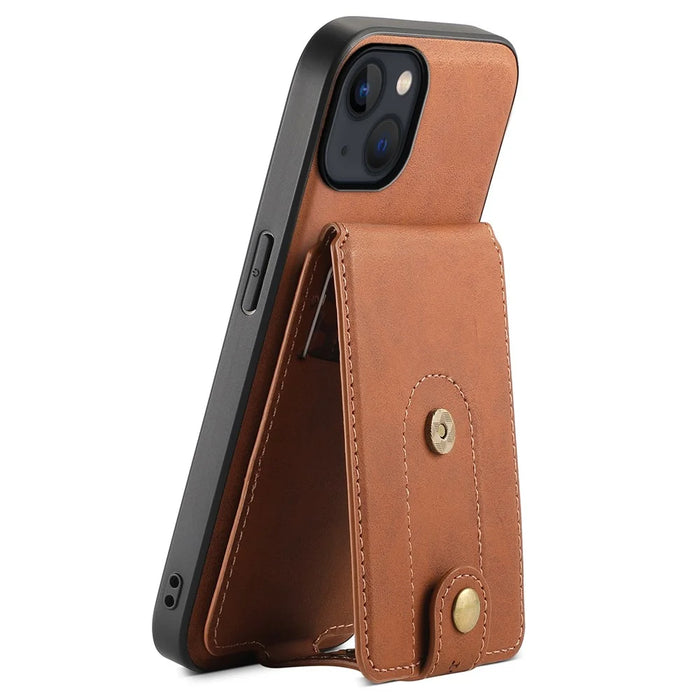 DENIOR D14 For iPhone 13 / 14 Case Retro PU+PC+TPU Kickstand Phone Cover with Magnetic Card Holder - Brown - 2