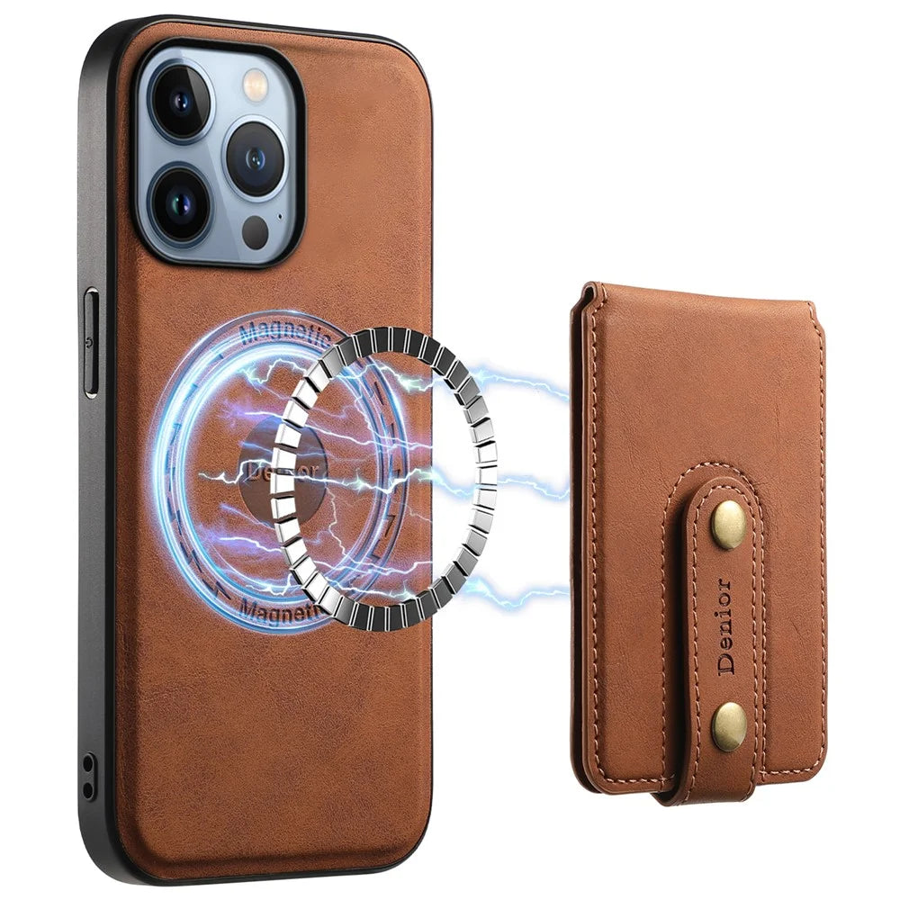 DENIOR D14 For iPhone 13 Pro Case Compatible with MagSafe Leather Kickstand Card Slots Back Cover - Brown - 1
