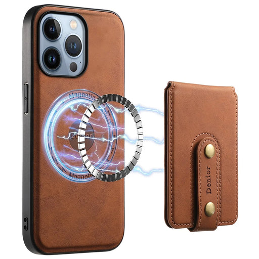 DENIOR D14 For iPhone 13 Pro Case Compatible with MagSafe Leather Kickstand Card Slots Back Cover - Brown - 1