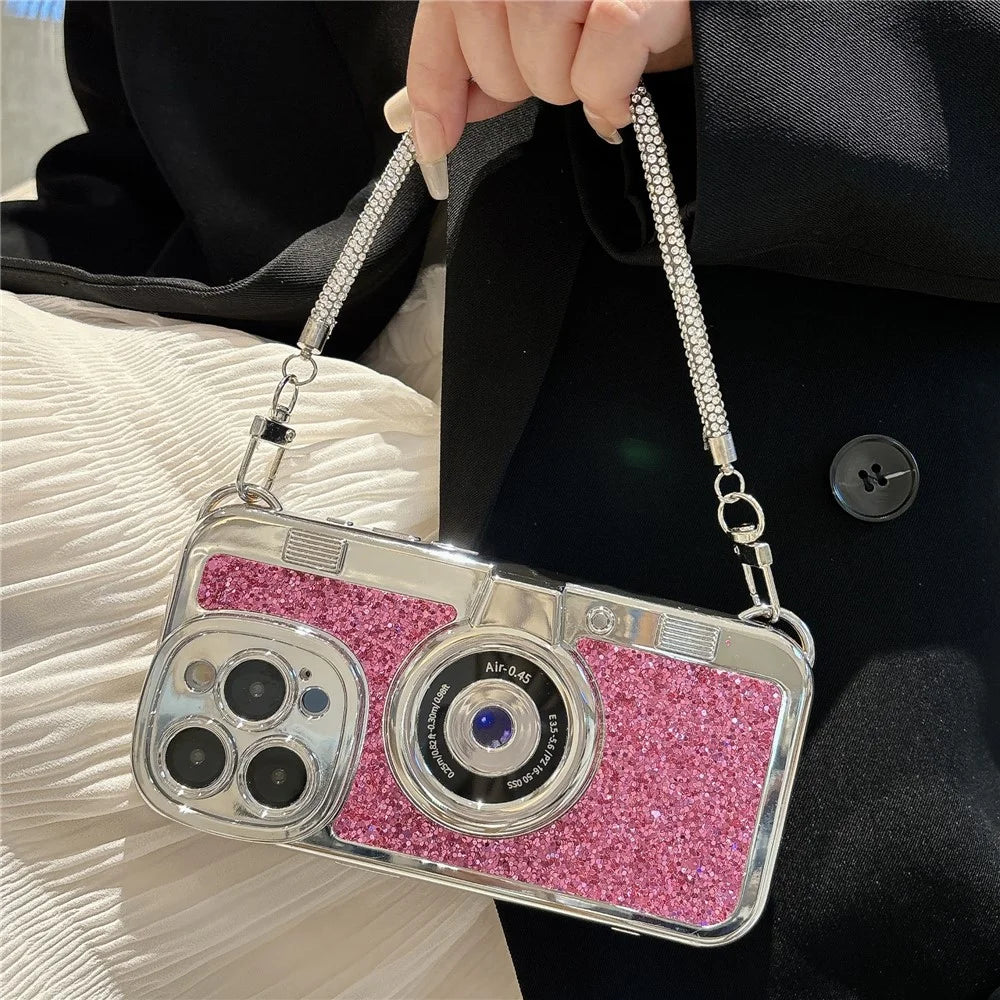 For iPhone 15 Pro Cover Camera Design Glitter Powder TPU Phone Case with Tote Strap - Pink - 1