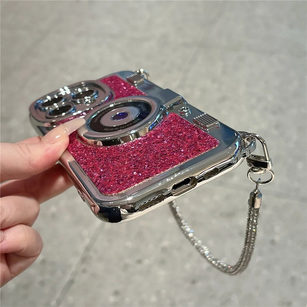 For iPhone 15 Pro Cover Camera Design Glitter Powder TPU Phone Case with Tote Strap - Pink - 4