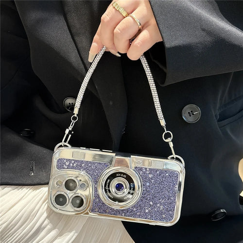 For iPhone 14 Pro Max Cover Glitter Powder Camera Design TPU Phone Case with Tote Strap - Purple - 1