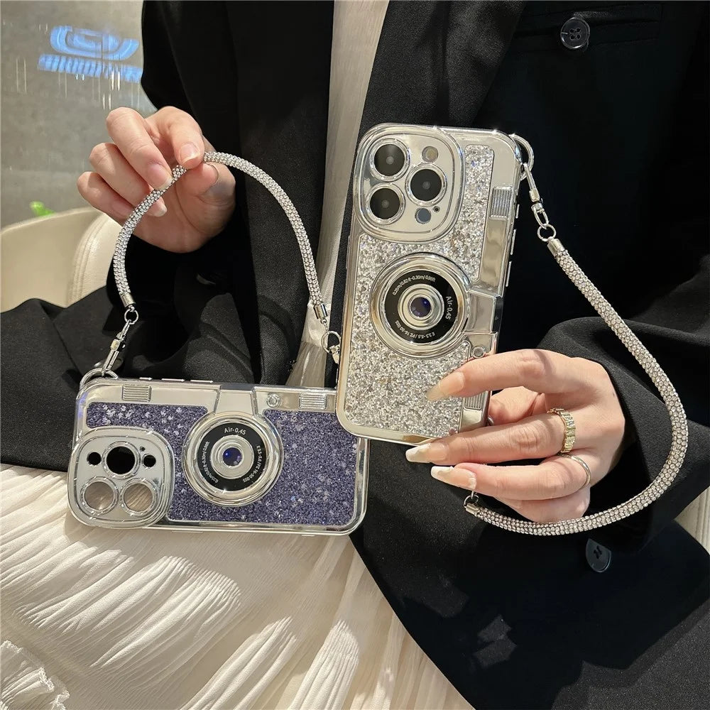 For iPhone 14 Pro Max Cover Glitter Powder Camera Design TPU Phone Case with Tote Strap - Purple - 2