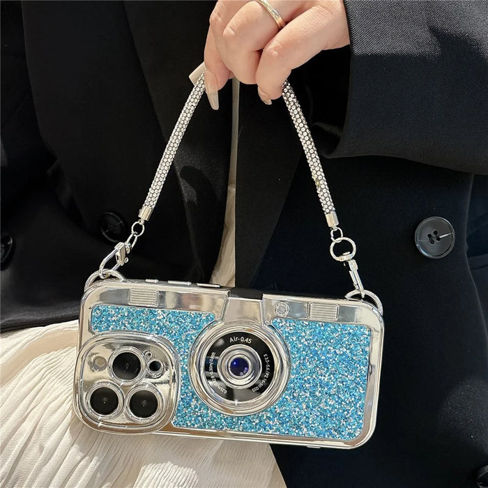 For iPhone 15 Pro Max Case Camera Shape Anti-Drop Phone Cover Glitter Powder TPU Phone Shell with Strap - Blue - 1