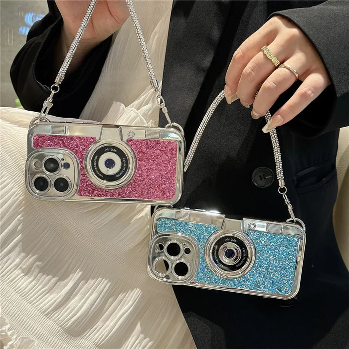 For iPhone 15 Pro Max Case Camera Shape Anti-Drop Phone Cover Glitter Powder TPU Phone Shell with Strap - Blue - 2