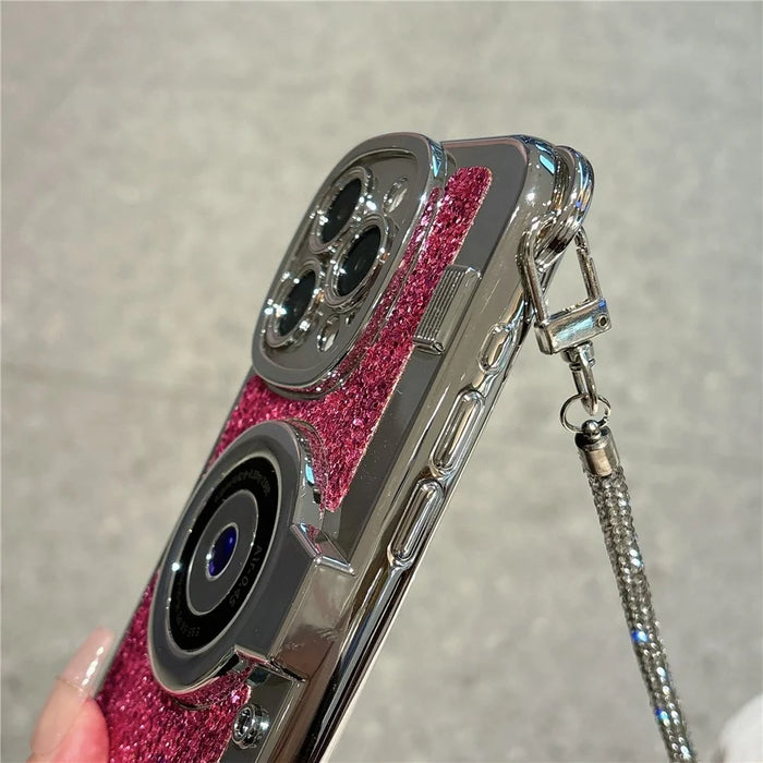 For iPhone 15 Pro Max Case Camera Shape Anti-Drop Phone Cover Glitter Powder TPU Phone Shell with Strap - Blue - 4