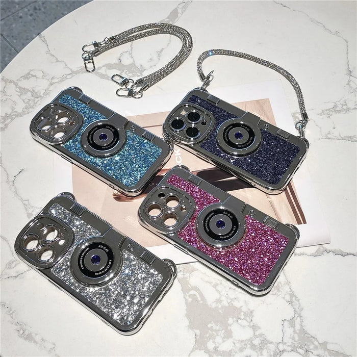 For iPhone 15 Pro Max Case Camera Shape Anti-Drop Phone Cover Glitter Powder TPU Phone Shell with Strap - Blue - 6
