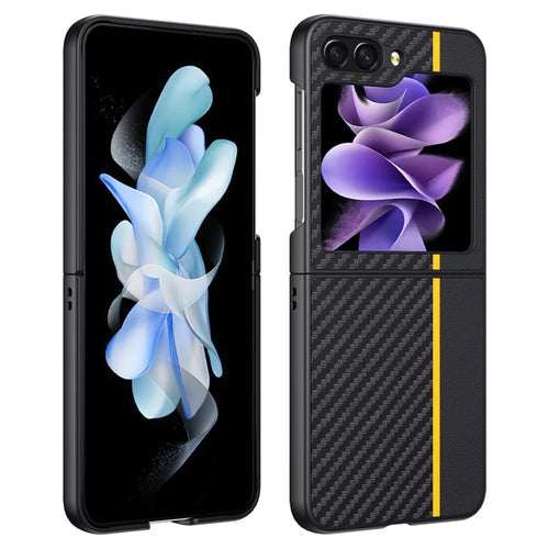 For Samsung Galaxy Z Flip7 FE 5G / Z Flip6 5G Case PU Leather + PC Carbon Fiber Texture Phone Cover - Splicing Yellow - 1
