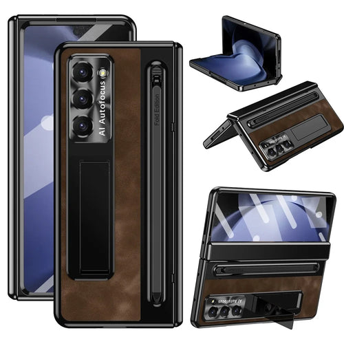For Samsung Galaxy Z Fold6 5G Kickstand Case Leather+PC Phone Cover with Tempered Glass Film and Stylus - Coffee - 1