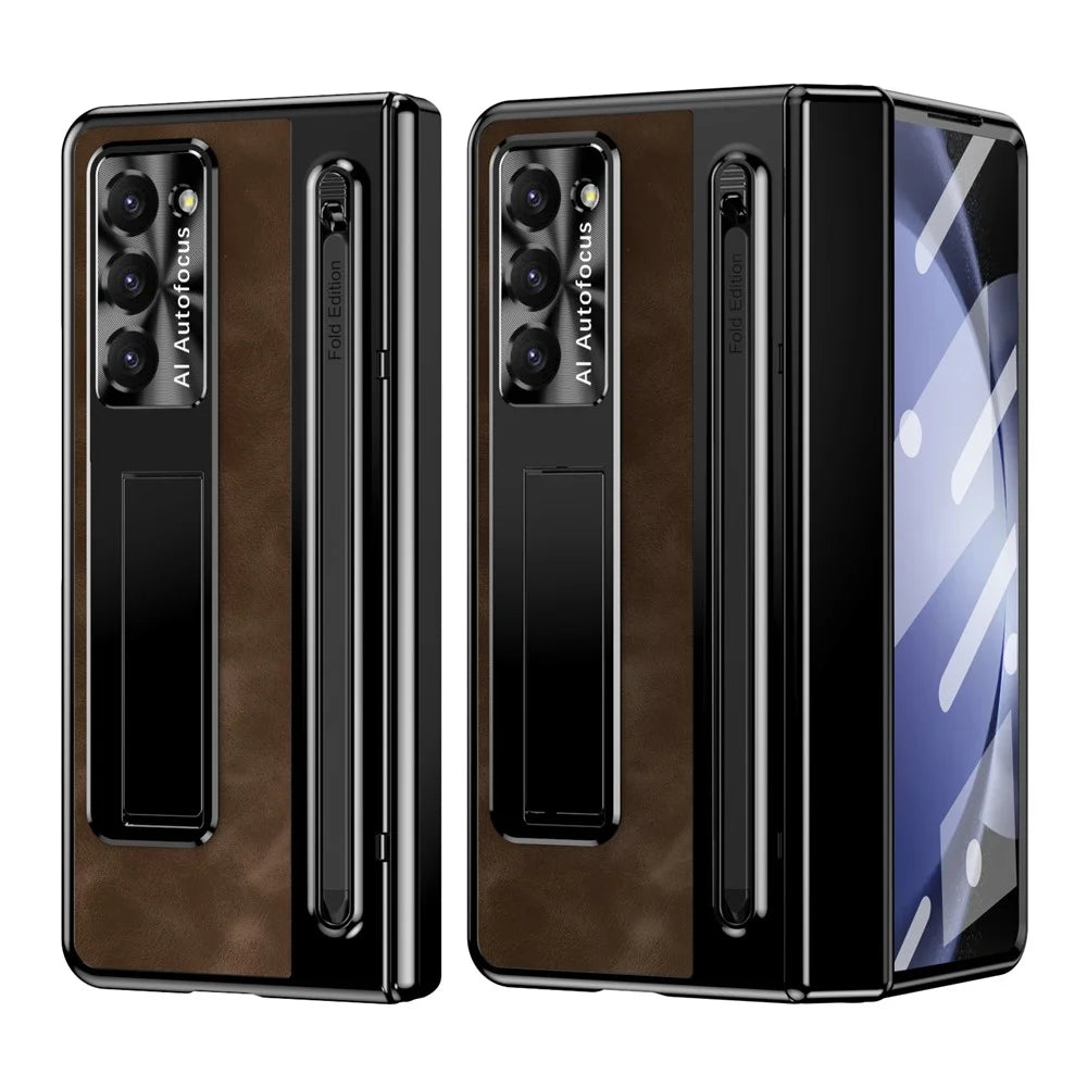 For Samsung Galaxy Z Fold6 5G Kickstand Case Leather+PC Phone Cover with Tempered Glass Film and Stylus - Coffee - 2
