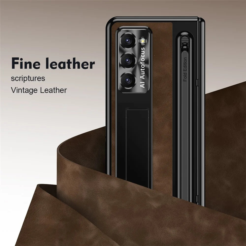 For Samsung Galaxy Z Fold6 5G Kickstand Case Leather+PC Phone Cover with Tempered Glass Film and Stylus - Coffee - 3