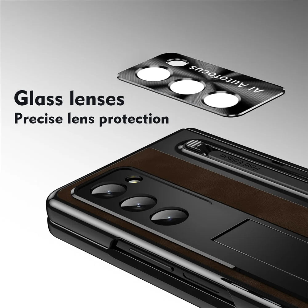 For Samsung Galaxy Z Fold6 5G Kickstand Case Leather+PC Phone Cover with Tempered Glass Film and Stylus - Coffee - 4