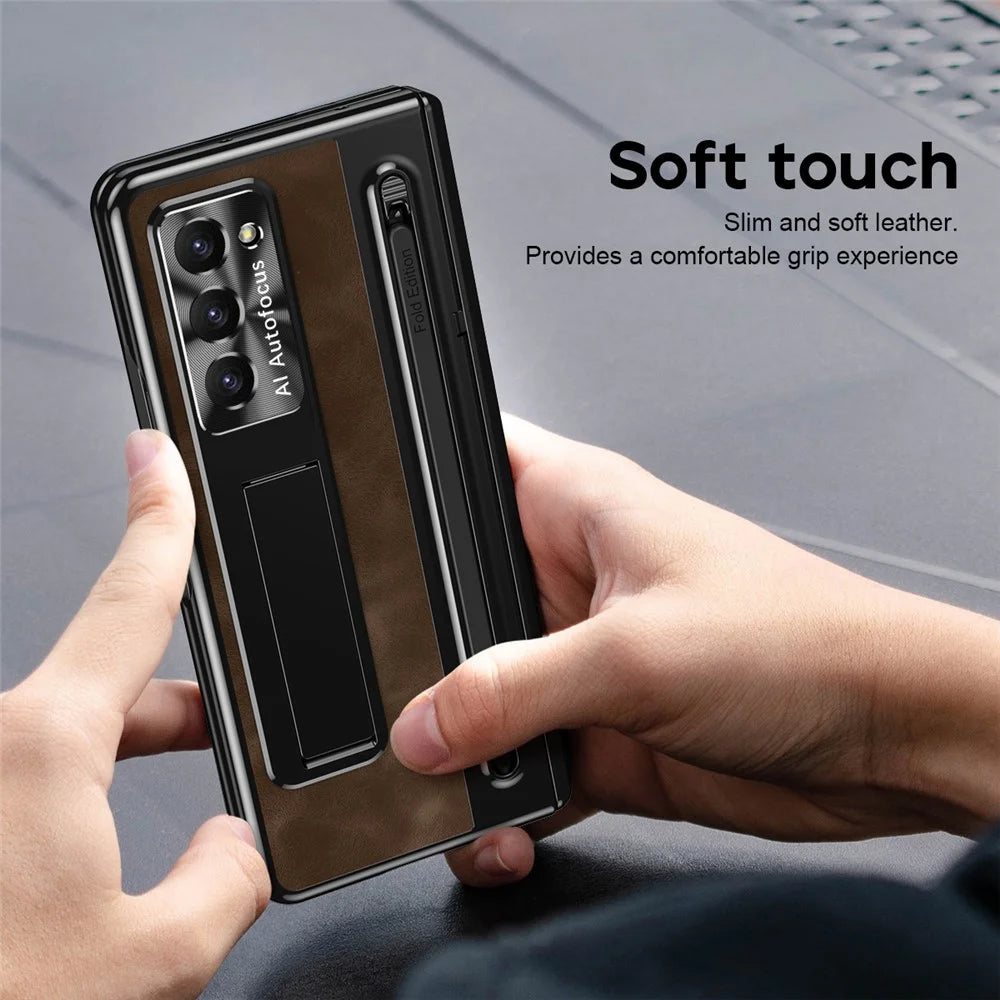 For Samsung Galaxy Z Fold6 5G Kickstand Case Leather+PC Phone Cover with Tempered Glass Film and Stylus - Coffee - 5